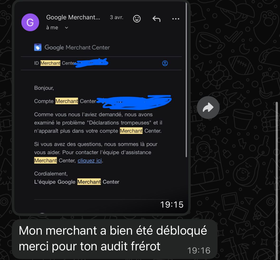 WhatsApp screenshot - Merchant Center account successfully unbanned