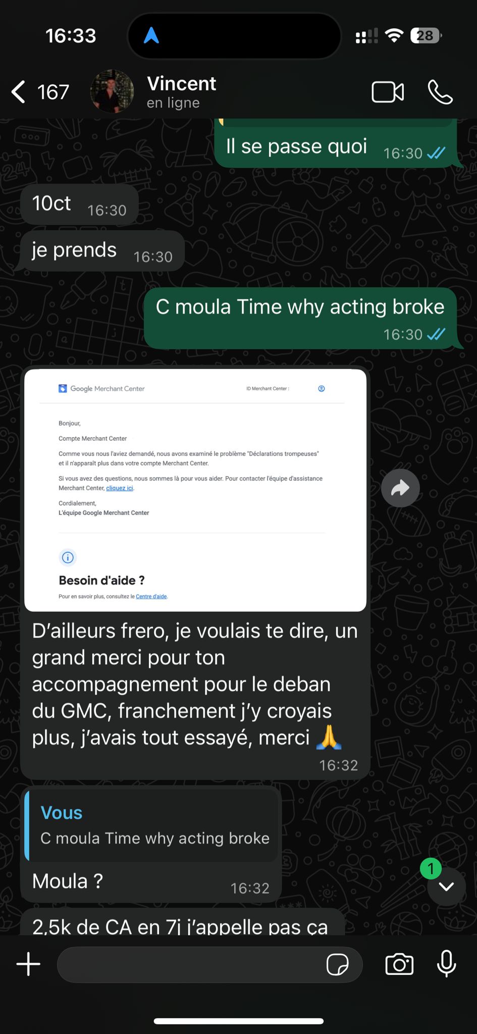 WhatsApp screenshot - Happy client after GMC unban